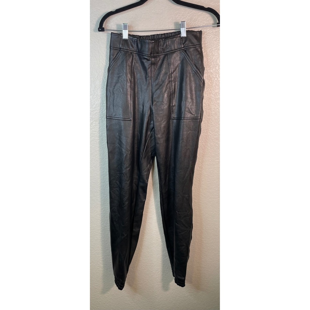 Spanx Womens S Black Faux Leather Jogger Pants High Rise Pockets Chic Preppy